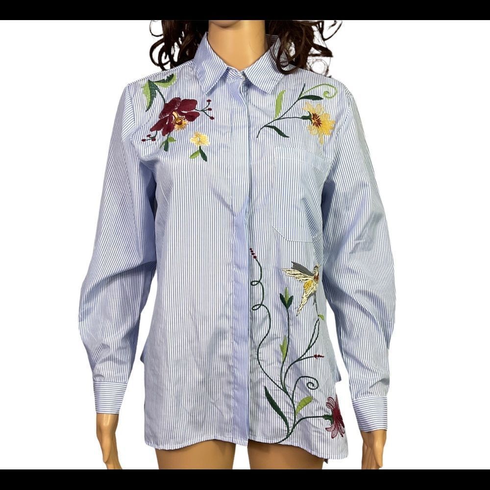 Cliche Blue White Striped Floral Embroidered Button Front Shirt M